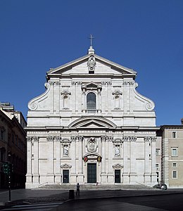 Baroque volutes on the upper part of the facade of the Church of the Gesù, Rome, by Giacomo della Porta, 1584