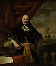 Ferdinand Bol (portrait) and Possibly Willem van de Velde (II) (marine). Portrait of Michiel Adriaensz. de Ruyter (1607-1676) . 1667. oil on canvas medium QS:P186,Q296955;P186,Q12321255,P518,Q861259 . 157 × 138 cm (61.8 × 54.3 in). Amsterdam, Rijksmuseum Amsterdam.