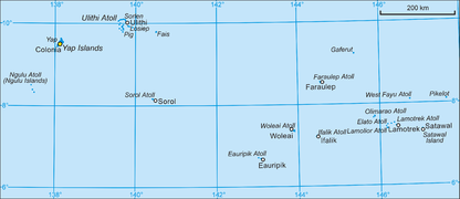 Carte en couleur montrant différentes îles. La mer est en bleu. Pikelot se trouve à l'extrême est de la carte.