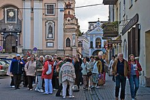 A group of tourists in cool weather