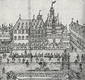 Das Ensemble „Haus zur Münze“ vor 1689; von l.n.r.: die „Neue Münze“, das Gerichtshaus, die „Alte Münze“ und rechts, an der Ecke, ein Fachwerkhaus