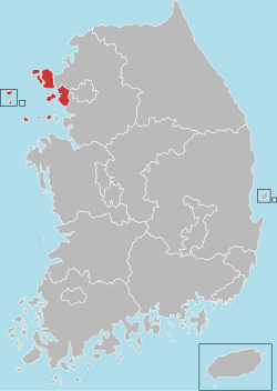 แผนที่ประเทศเกาหลีใต้ เน้นอินช็อน (สีแดง)