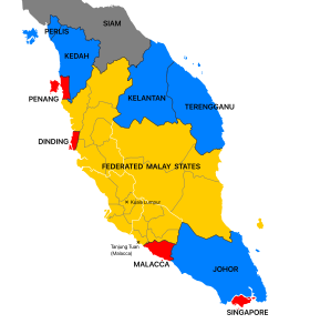 Нефедерированные малайские государства на карте изображены синим цветом, британская коронная колония Стрейтс Сетлментс — красным, Федерированные малайские государства — жёлтым