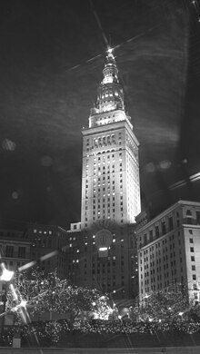 Black and white image of the Terminal Tower in Public Square at night