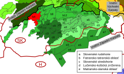 Strážovské vrchy (červeně) na mapě Vnitřních Západních Karpat