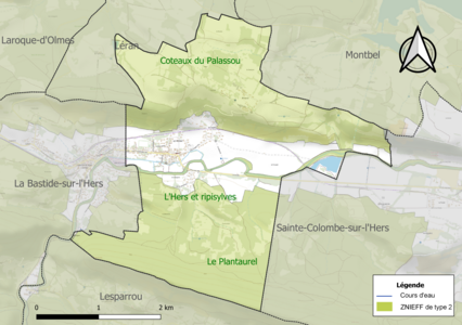 Carte des ZNIEFF de type 2 sur la commune.