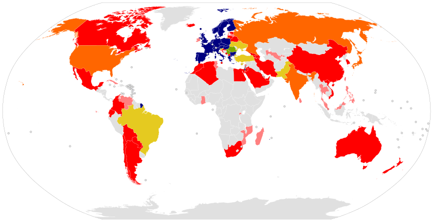 A world map highlighting the nature of relations of nations with CERN.