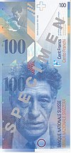 Giacometti auf einem Muster der Schweizer 100-Franken-Banknote, heerausgegeben 1996