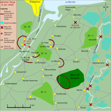 Carte d'une zone située entre le canal de Caen et la Divette, en Normandie. Des croix rouges indiquent des objectifs à détruire, majoritairement à l'est (gauche) de la carte. Quatre zones en vert clair disséminées à l'est, au nord-ouest, au sud et au centre indiquent les zones d'atterrissage des parachutistes. Des points jaunes dispersés partout sur la carte indiquent les villages et hameaux. Des lignes de couleur bordeaux indiquent les positions des parachutistes britanniques à la fin de l'opération Tonga.