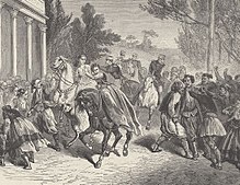 Lithographie montrant une femme à cheval attaquée par un terroriste et une foule réagissant à l'événement.