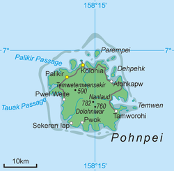 Palikir (sa hilagang-kanlurang bahagi) sa loob ng pulo ng Pohnpei