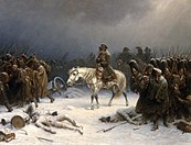 Painting of Napoleon and his troops in winter retreating from Moscow