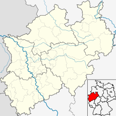 Mapa konturowa Nadrenii Północnej-Westfalii, po prawej nieco na dole znajduje się punkt z opisem „Medebach”