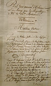 Reproduction d’un document manuscrit écrit à la plume représentant le bail du 23 vendémiaire an 7 confiant la gestion du Canal d’Orléans à la famille Bellesme