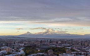 Yerevan skyline with Opera House at dawn