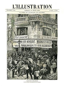 « L'agitation boulangiste. La foule devant les bureaux de La Cocarde » consécutivement à la radiation de Boulanger des cadres de l'armée (L'Illustration 24 mars 1888).