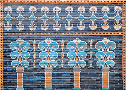 Neo-Babylonian volutes on the wall panel from the Throne Room of Nebuchadnezzar II from Babylon, Iraq, 6th century BC, glazed ceramic, Pergamon Museum, Berlin