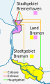 Exklaven und Enklaven von Stadt und Land Bremen und Stadt Bremerhaven. Alle drei Flächen sind zugleich Enklaven des Landes Niedersachsen