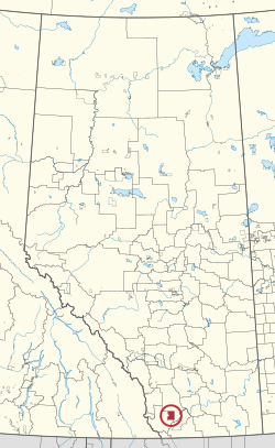 A map of the province of Alberta showing 80 counties and 145 small Indian reserves. One is highlighted with a red circle.