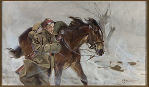 Soldier with horse label QS:Len,"Soldier with horse" label QS:Lpl,"Żołnierz z koniem" , oil on canvas medium QS:P186,Q296955;P186,Q12321255,P518,Q861259 , 1937, National Museum in Warsaw (MNW)