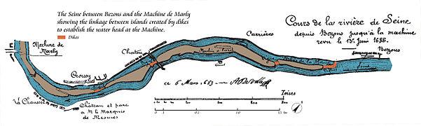 La Seine entre Bezons et Marly avec les liaisons entre les îles par les digues pour établir la chute d'eau à la machine.