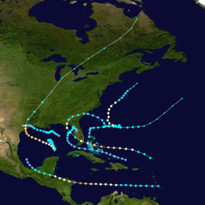 Map of storm tracks over the northeast Atlantic, Caribbean, and Gulf of Mexico. Six storms hit regions including Florida, Texas, and northern Central America, often veering northeast after hitting land.