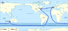 Mappemonde illustrant le parcours de la Velux 5 Oceans 2006-2007