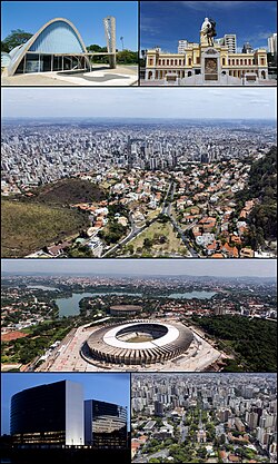 Top left:Church of St. Francis of Assisi, Top right:Rui Barbosa Square (Praça Rui Barbosa), 2nd:Panorama view of Belo Horizonte, from Mangabeiras area, 3rd:Magalhaes Pinto Stadium, Bottom left:Administrative City President Tancredo Neves, Bottom right:Praça da Liberdade (Belo Horizonte Liberty Square)