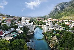 #2: Stari Most, the "Old Bridge", which connects the two banks of river Neretva, has been a symbol of Mostar for centuries. This view from north shows Helebija tower to the left and Tara tower to the right. It was made from the minaret of Koski Mehmed Pasha Mosque. (POTD) – Credit: Own work by Ramirez. (GFDL, CC-BY-SA-3.0,2.5,2.0,1.0)