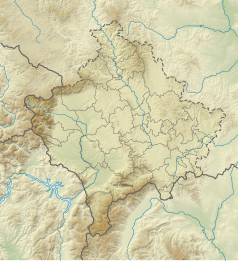 Mapa konturowa Kosowa, po lewej znajduje się punkt z opisem „źródło”, natomiast blisko centrum po lewej na dole znajduje się punkt z opisem „ujście”