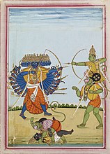 Rama and Hanuman fighting Ravana from Ramavataram, an album painting on paper from Tamil Nadu, c. 1820 CE.