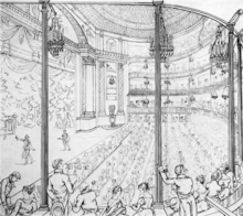 Lithographie. Salle de théâtre à l'Italienne, scène visible à gauche