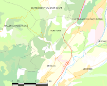 Carte élémentaire montrant les limites de la commune, les communes voisines, les zones de végétation et les routes