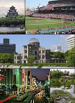 Atas: Istana Hiroshima dan Stadium Matsuda Tengah: Memorial Keamanan Hiroshima Bawah: Pemandangan Ebisu-cho dan Shukkei-en