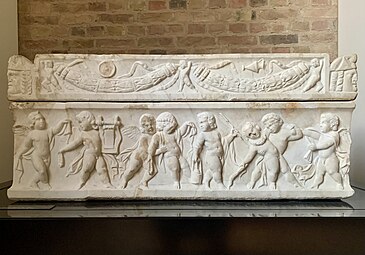 Roman sarcophagus with a procession of drunk putti, which belongs to a child, with a procession of drunk putti, mid-2nd century, marble, Neues Museum, Berlin