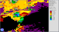 Doppler radar image of a tornado-producing mesocyclone over Salina, Kansas on June 11, 2008.