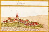 Aldinger Schlössle, links im Bild mit Kirche (Kieser 1682), rechts davon das Neue Schloss