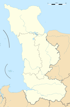 Mapa konturowa Manche, na dole po prawej znajduje się punkt z opisem „Mortain-Bocage”