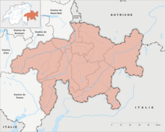 Mapa konturowa Gryzonii, blisko centrum u góry znajduje się punkt z opisem „Kolej Retycka”