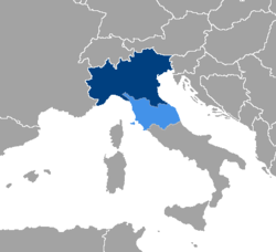 The proposed nation of Padania, light blue included the regions of Tuscany, Umbria, and Marche.