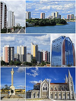 Top and middle rows: the skyline, along the river front. Bottom left: statue of Mary and Christ in Praça Dom Malan. Bottom right: Sacred Heart Cathedral