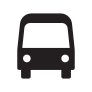 A stylized icon of a bus on a black background