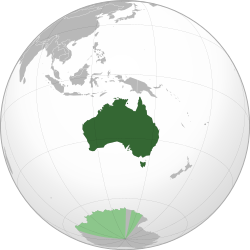 A map of the eastern hemisphere centred on Australia, using an orthographic projection.