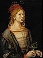 Portrait of the Artist Holding a Thistle 1493. oleo sur pergameno muntita sur tolo. 56,5 × 44,5 cm