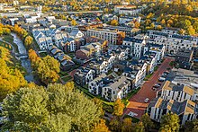 Aerial view of dense riverside housing