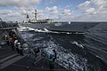 The Romanian Navy frigate Regele Ferdinand (F221) approaches USS Carney (DDG-64) to conduct replenishment-at-sea training in the Black Sea 28 Oct. 2016.