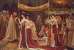 Pages of Honour carrying the train of Queen Alexandra during her anointing at the 1902 coronation of Edward VII, depicted in a painting by Laurits Tuxen.