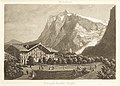 Das Hotel «zum schwarzen Adler» mit Wetterhorn und Oberem Grindelwaldgletscher um 1870, Radierung von Heinrich Müller