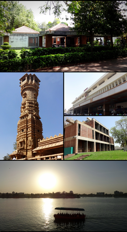 Clockwise from top: Gandhi Smarak Sangrahalay at Sabarmati Ashram, Ahmedabad Railway Station, CEPT University, Kankaria Lake and the Kirti Stambh at Hutheesing Temple