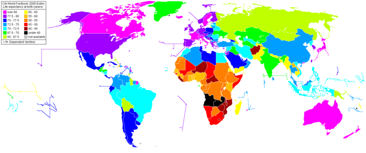 Estimated Life Expectancy by Country in 2008 according to the CIA World Factbook